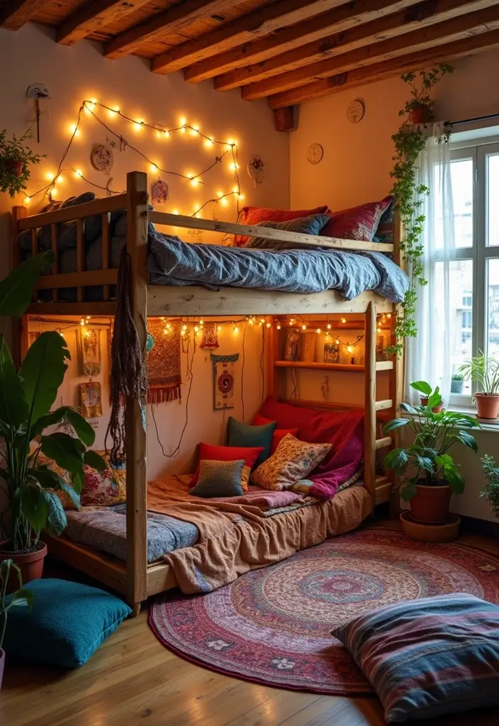 boho loft with tapestry and lights
