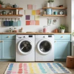 bright and cozy laundry room painted in soft colors with white cabinets and natural light