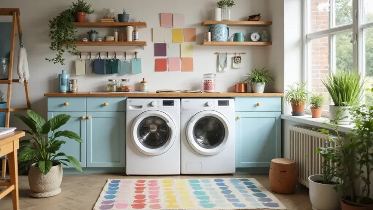 bright and cozy laundry room painted in soft colors with white cabinets and natural light