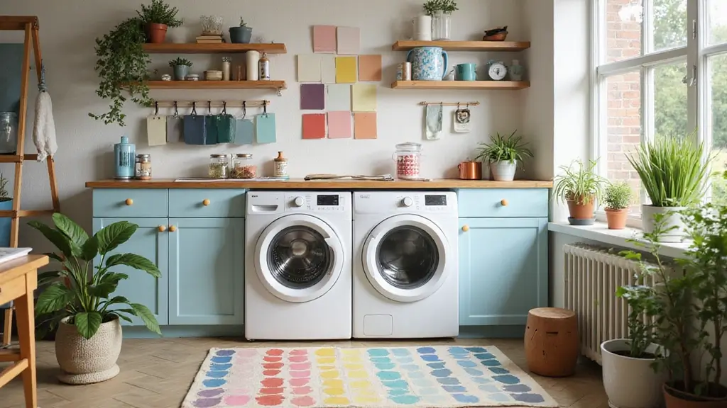 bright and cozy laundry room painted in soft colors with white cabinets and natural light