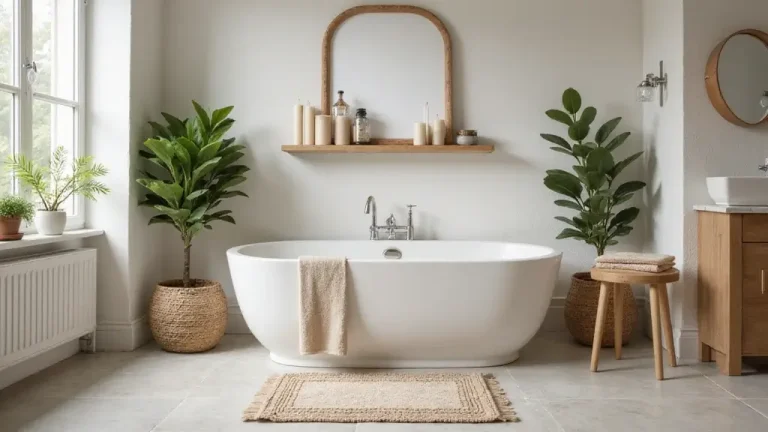 bright cozy small bathroom with plants and natural light