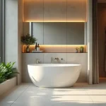 bright modern apartment bathroom with white tiles and wood accents