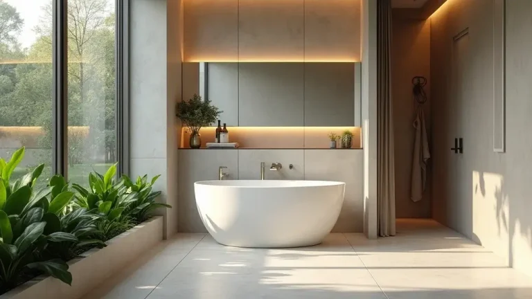 bright modern apartment bathroom with white tiles and wood accents