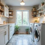 bright modern laundry room with layered lighting