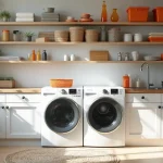 bright modern laundry room with white washer dryer and wooden accents