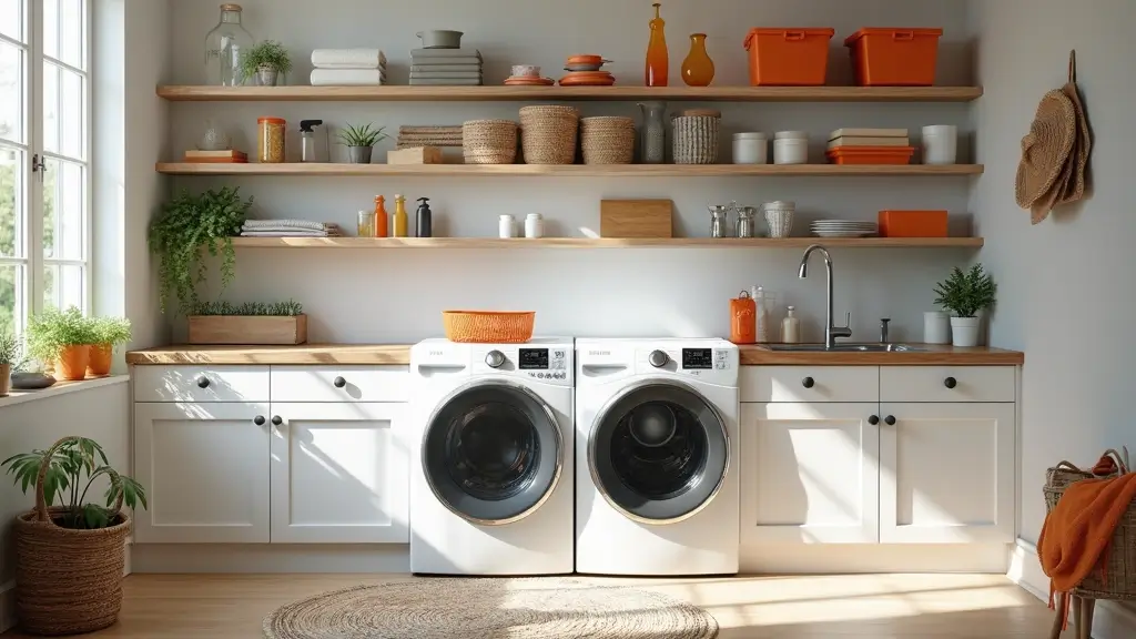 bright modern laundry room with white washer dryer and wooden accents