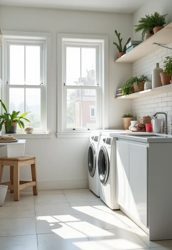 bright white laundry room with wood accents and colorful towels