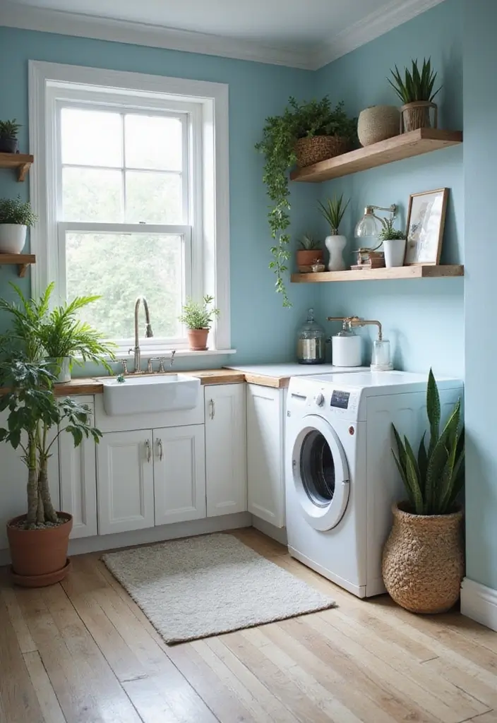 calm laundry room with soft blue walls, white cabinets and wooden shelves