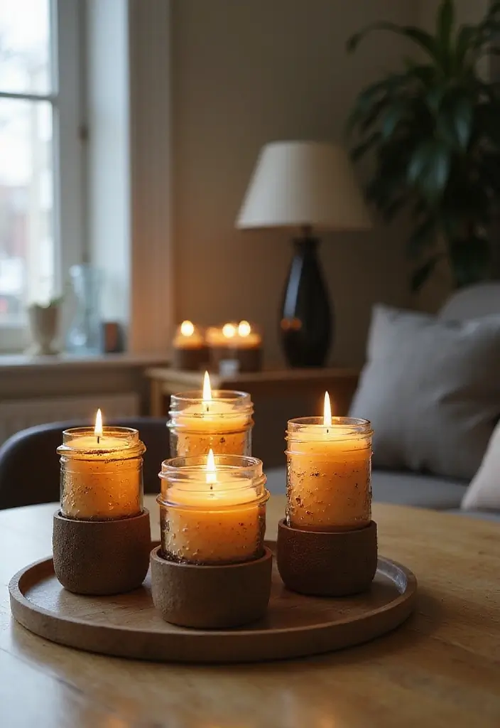 candles on tray with plant and soft glow on desk