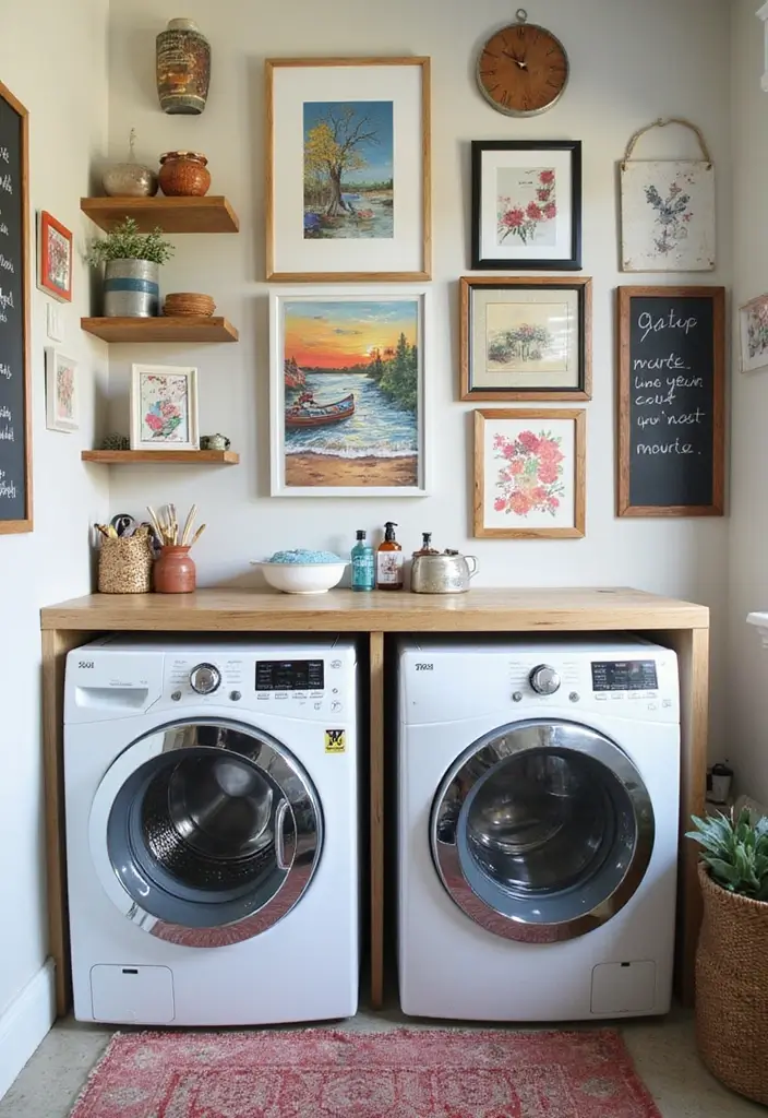 chalkboard wall with laundry symbols and framed care tags