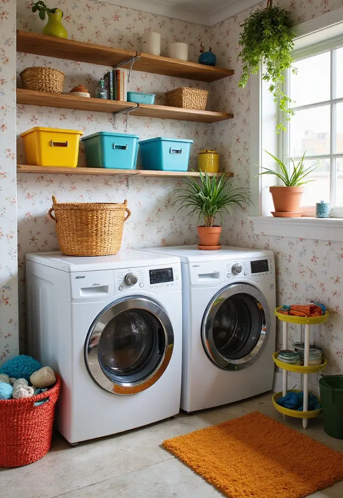 cheerful laundry room with mint walls and yellow patterned rug