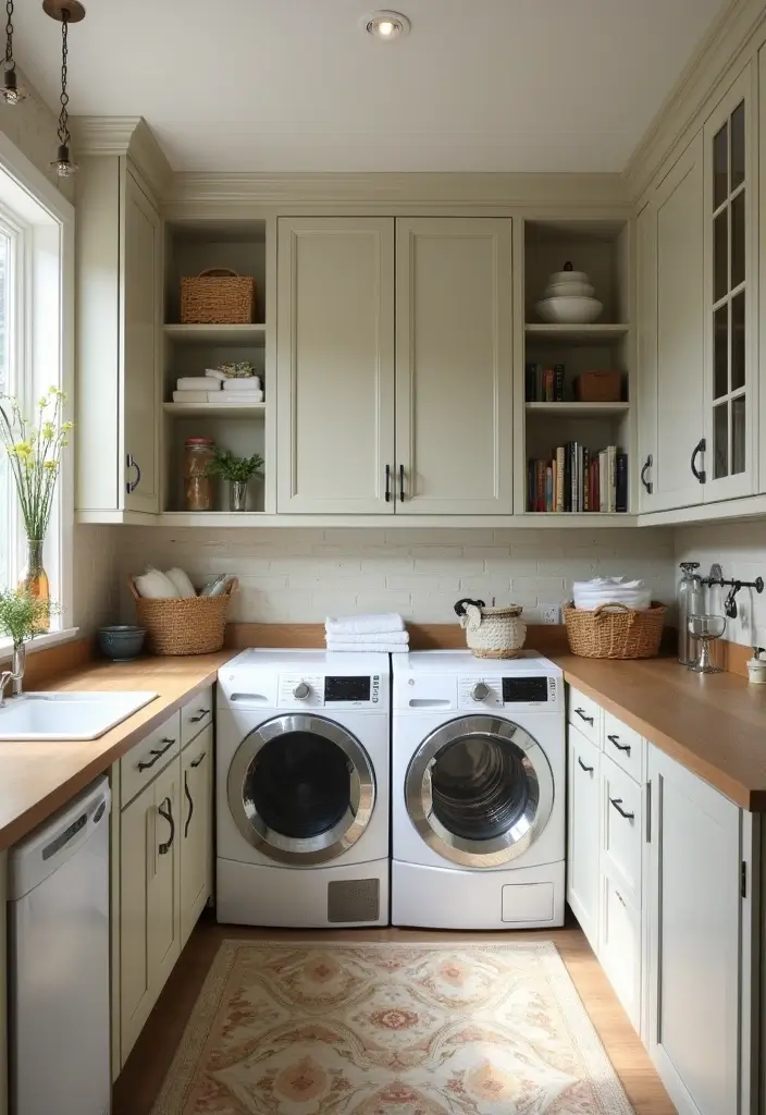 clean organized small laundry room with white cabinets and wood accents