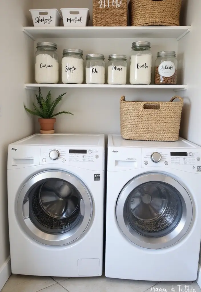 clear jars and bins with pretty handwritten labels on shelves
