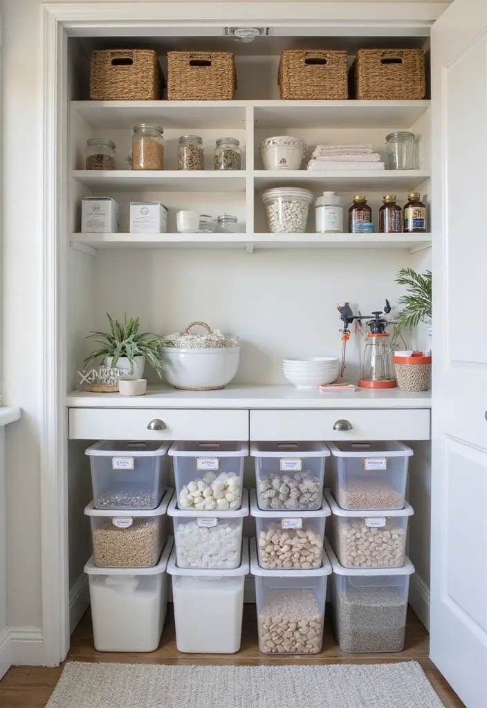 clear stackable bins on laundry shelf