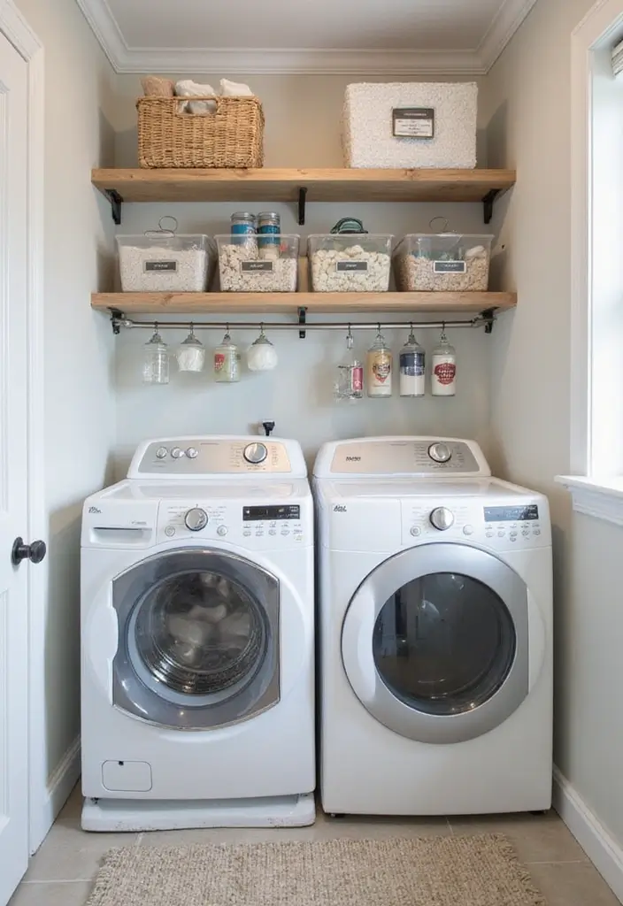 clear stackable bins with labeled laundry supplies