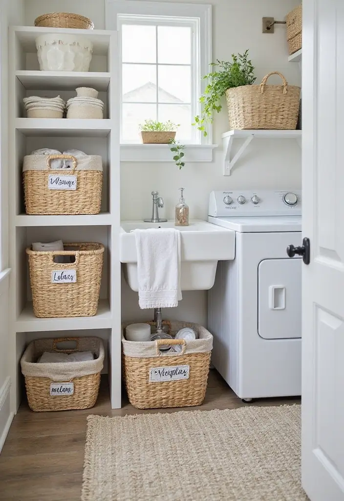 close-up of pretty handwritten labels on clear storage jars and baskets