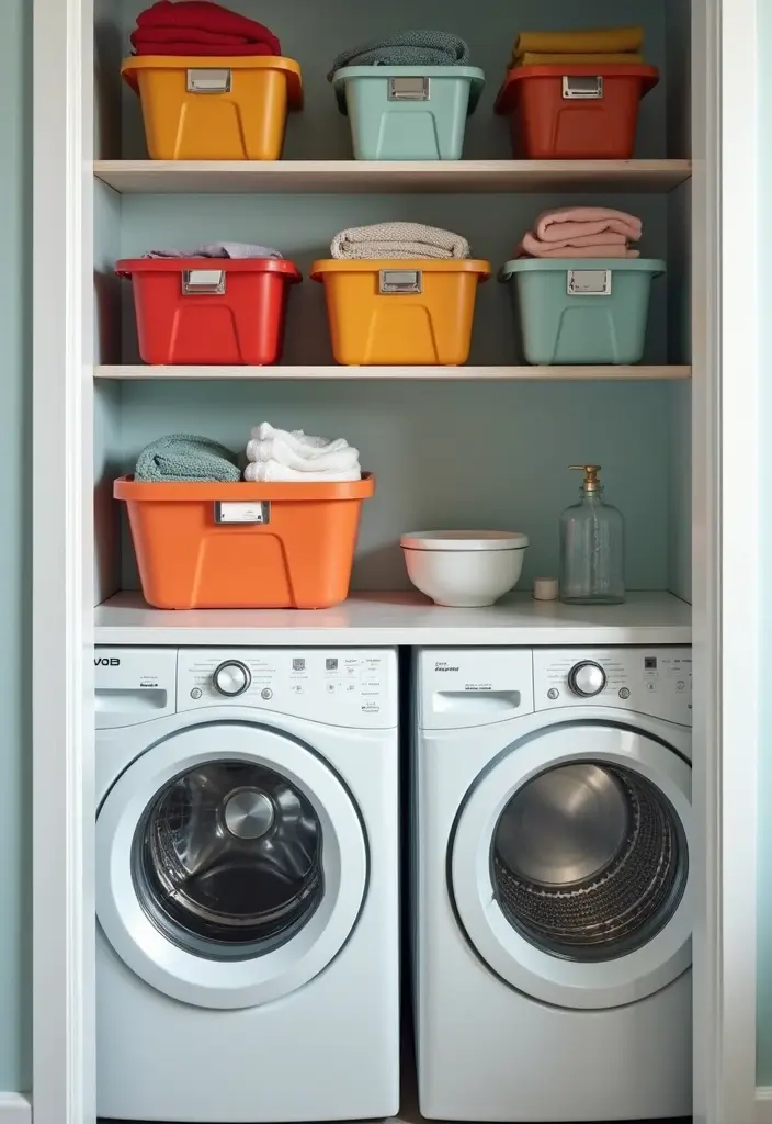 color coded bins on laundry shelf