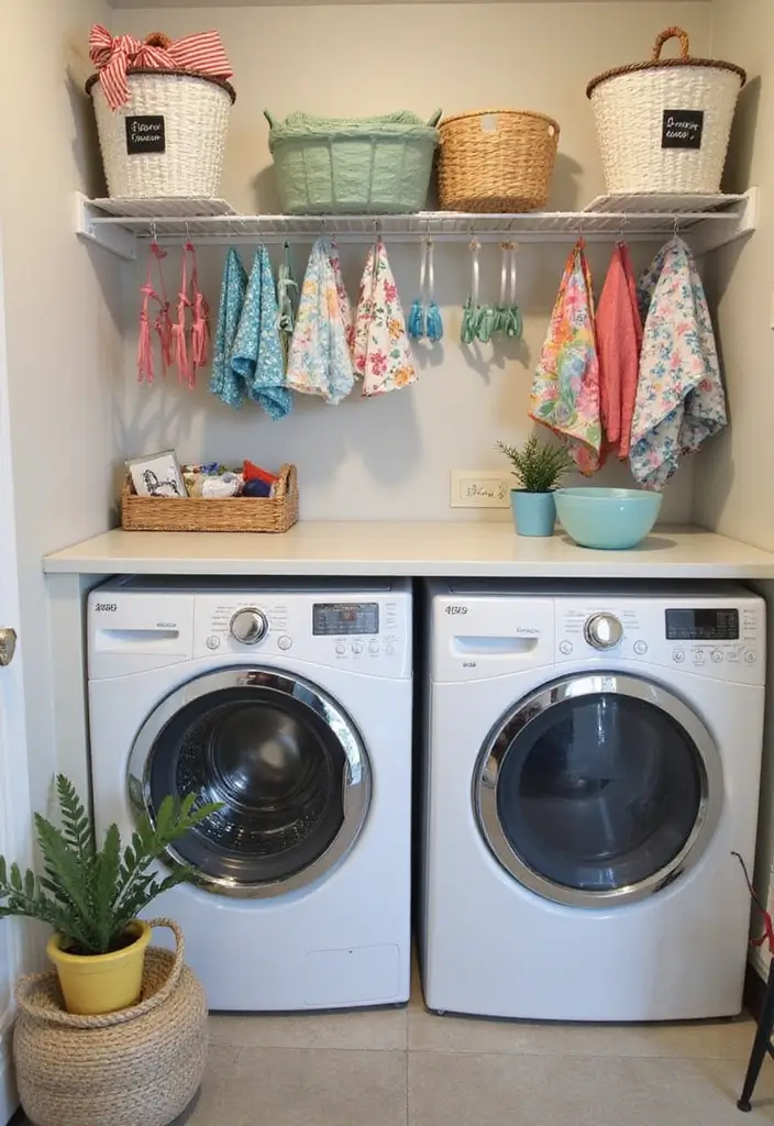 colorful hangers and playful laundry sign on wall