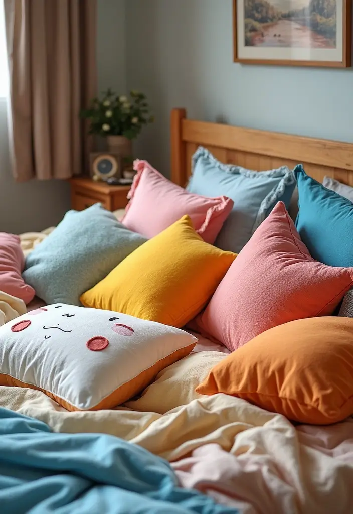 colorful pillows on dorm bed