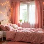 coquette dorm room with soft pink bedding and fairy lights
