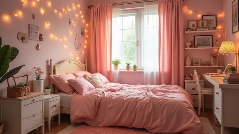 coquette dorm room with soft pink bedding and fairy lights