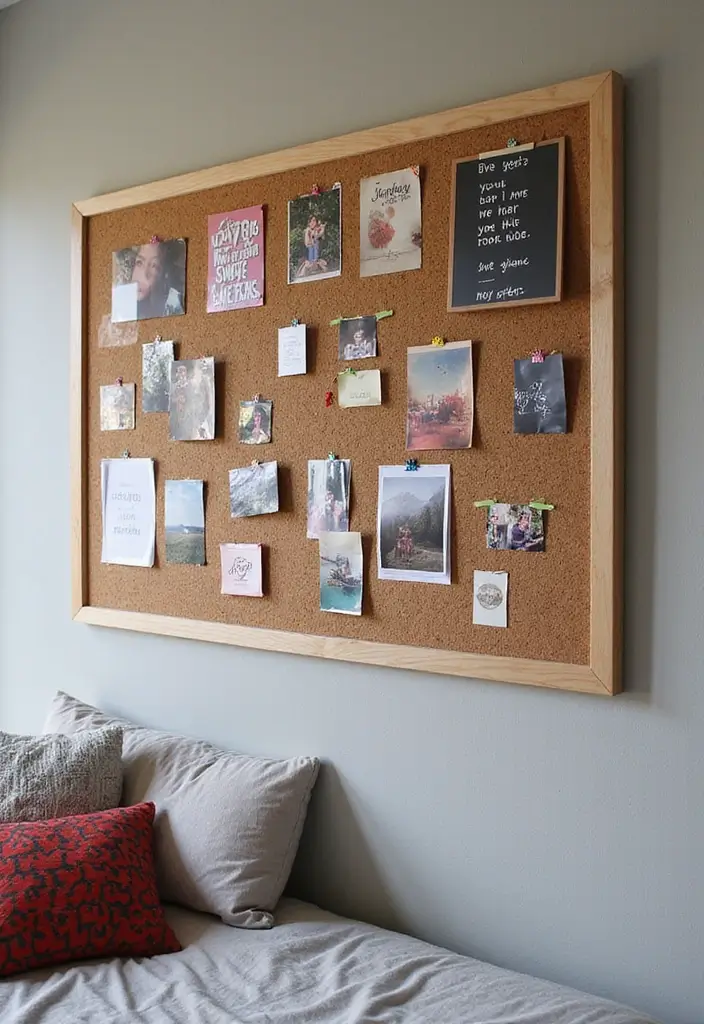 corkboard with photos, quotes, and colorful pins above desk