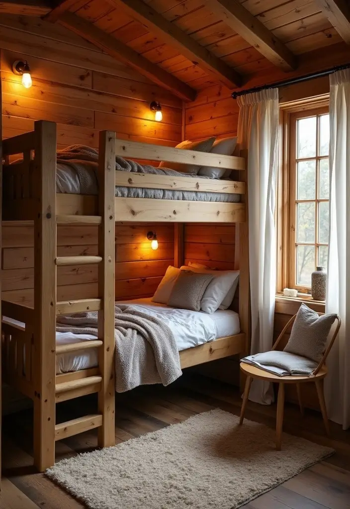cozy cabin loft with wood and blankets