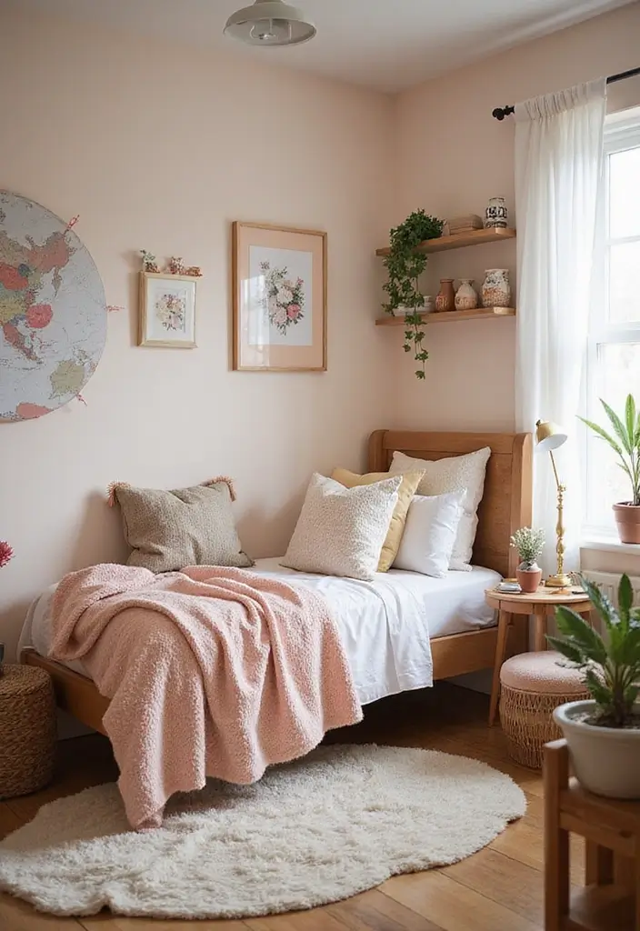 cozy coquette dorm room with all decor elements
