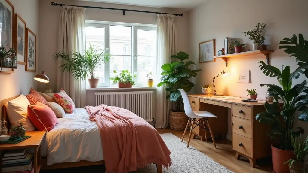 cozy dorm room with pink bedding, fairy lights, and stylish decor
