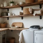 cozy farmhouse laundry room with wood accents and organized storage