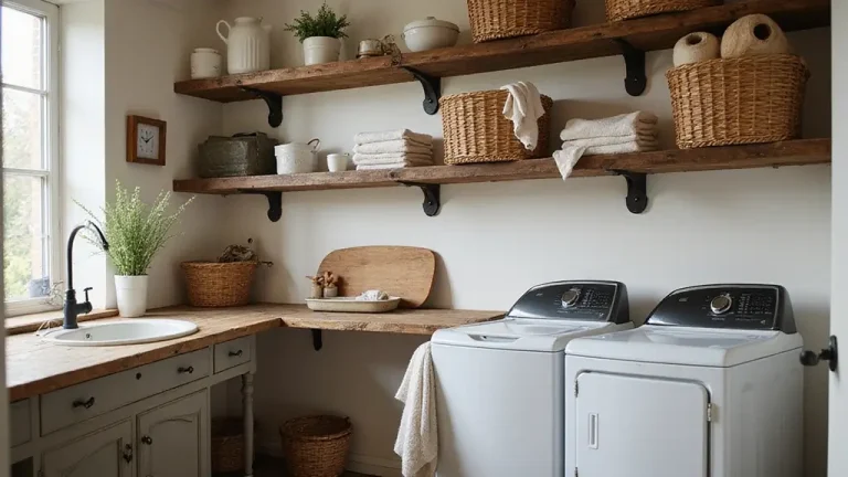 cozy farmhouse laundry room with wood accents and organized storage