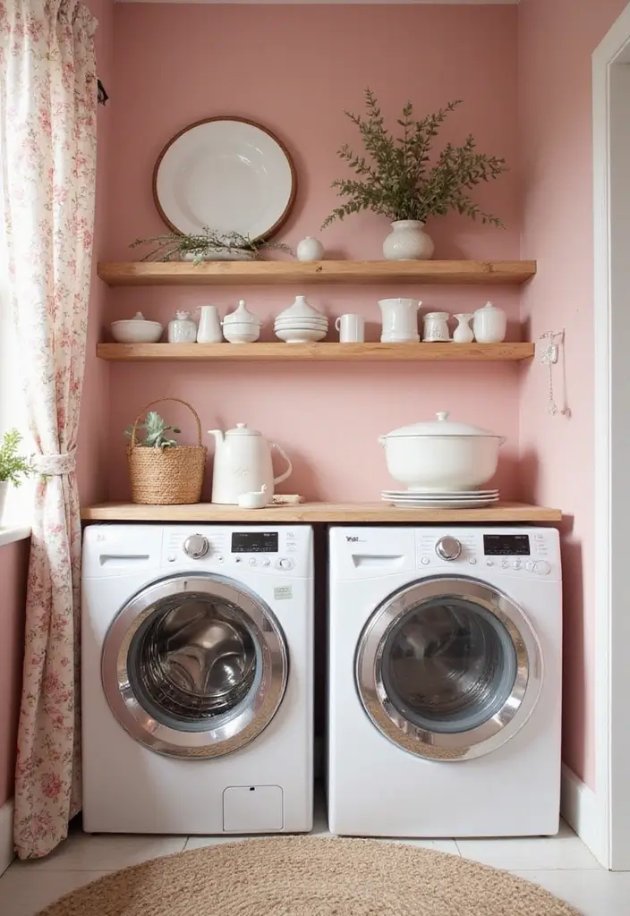 cozy laundry room painted in soft blush pink with white and wood accents