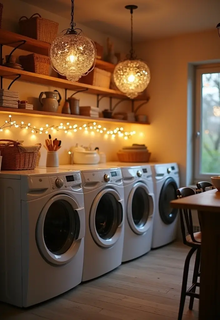 cozy pendant light and fairy lights in laundry room