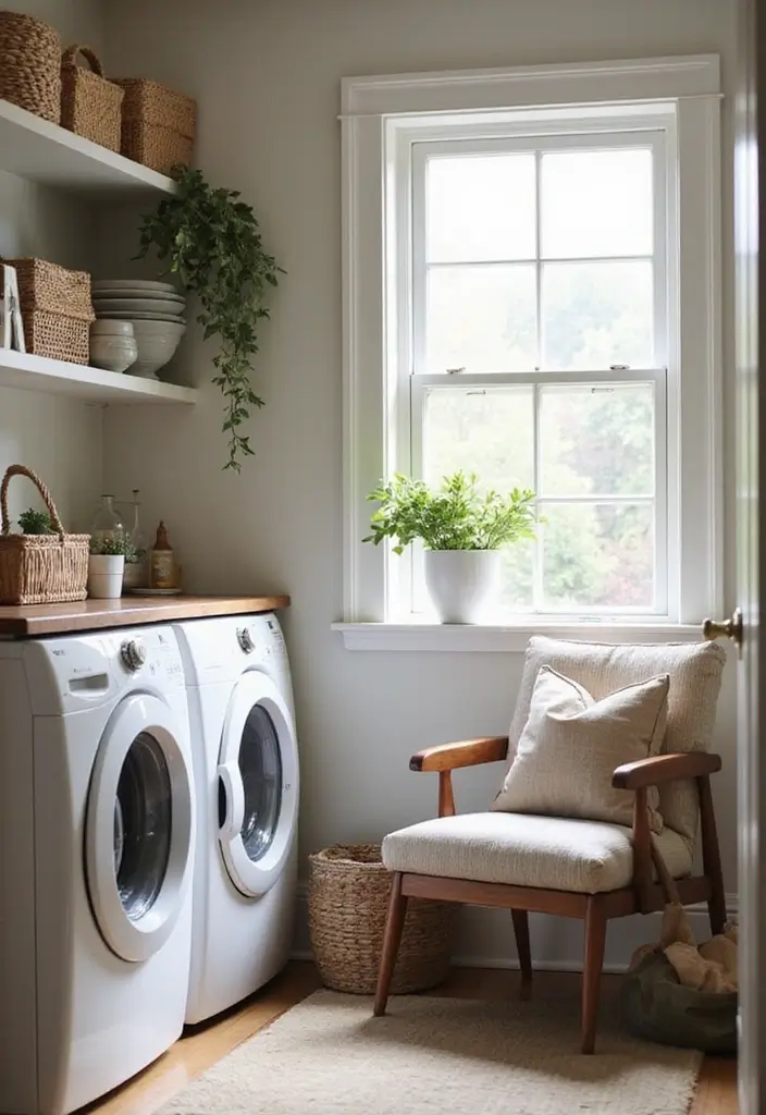 family photos in wooden frames on laundry room shelf