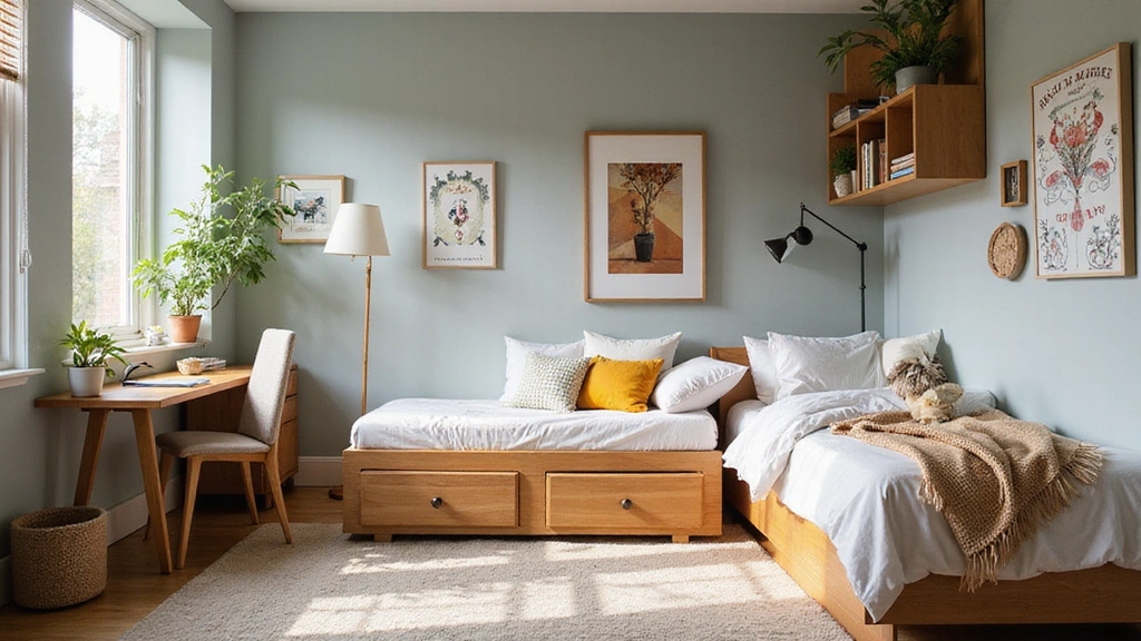 cozy small dorm room with plants, lights, and colorful decor