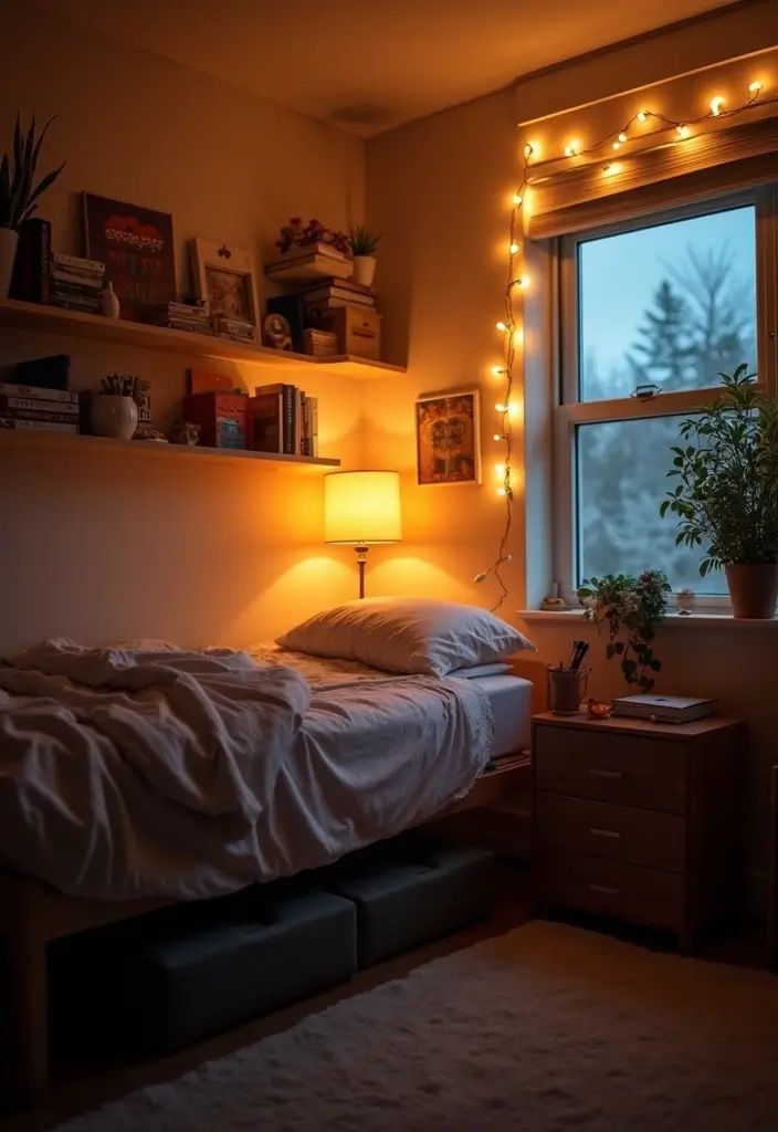 cozy string lights in guy dorm room