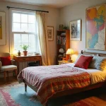 cozy vintage dorm room with retro furniture string lights and thrifted decor