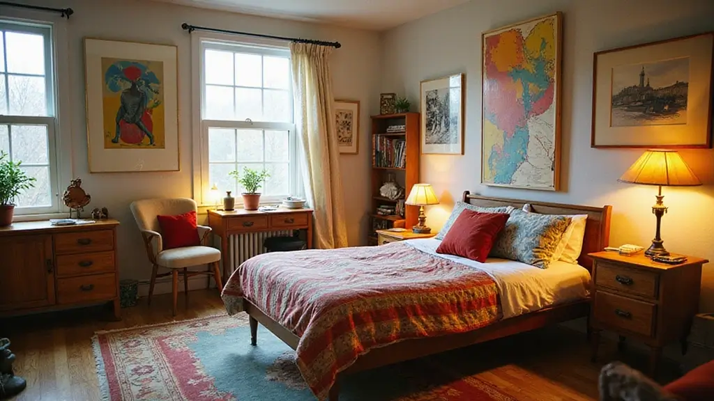 cozy vintage dorm room with retro furniture string lights and thrifted decor