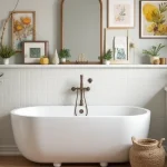 cozy white bathroom with plants and framed art on walls