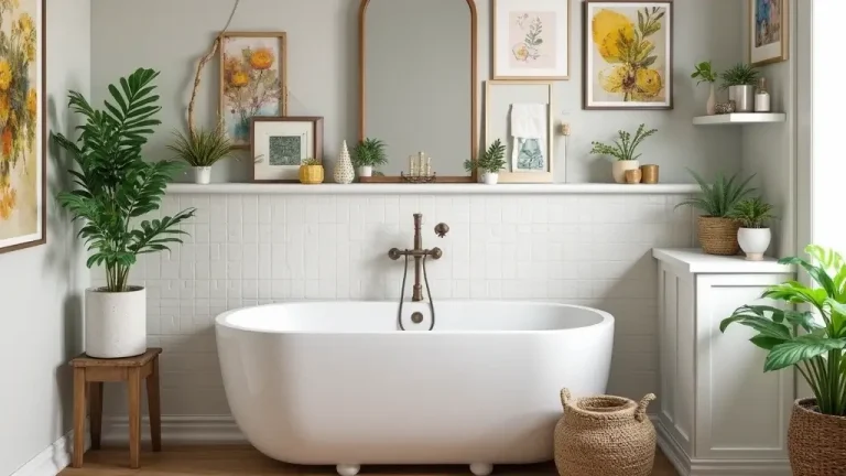 cozy white bathroom with plants and framed art on walls