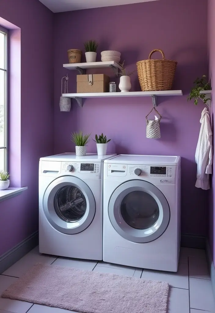 creative laundry room with lavender walls and purple accents