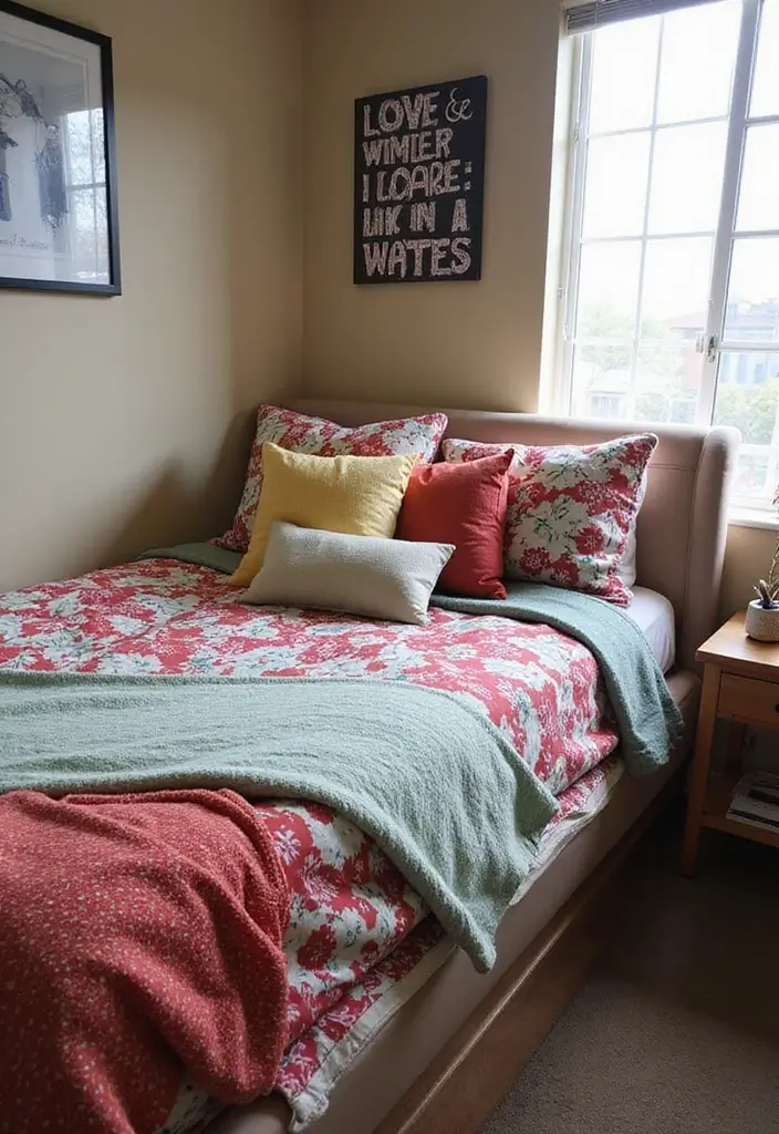 custom bedding setup in dorm bed