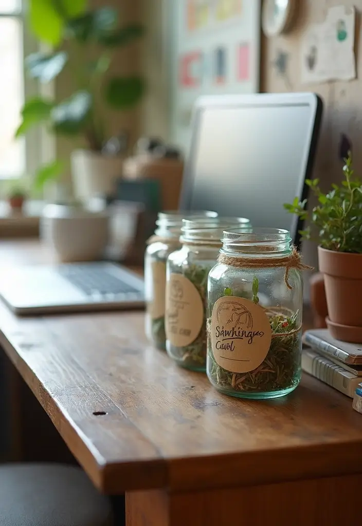 desk with upcycled glass jars holding pens and snacks