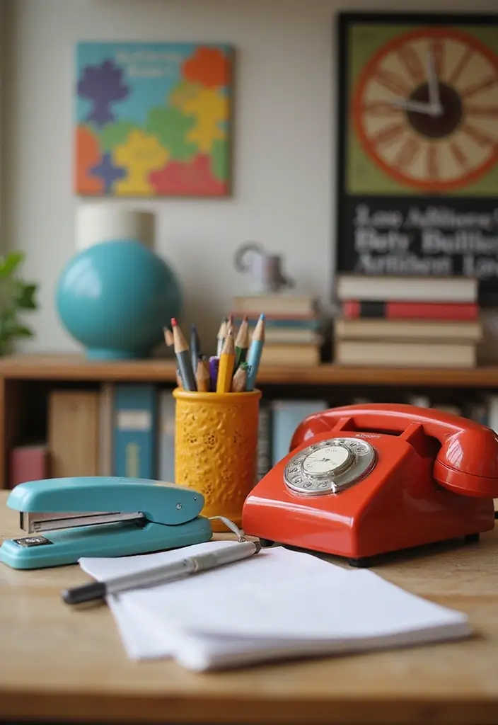 dorm desk with retro pencil holder stapler clock and organizers
