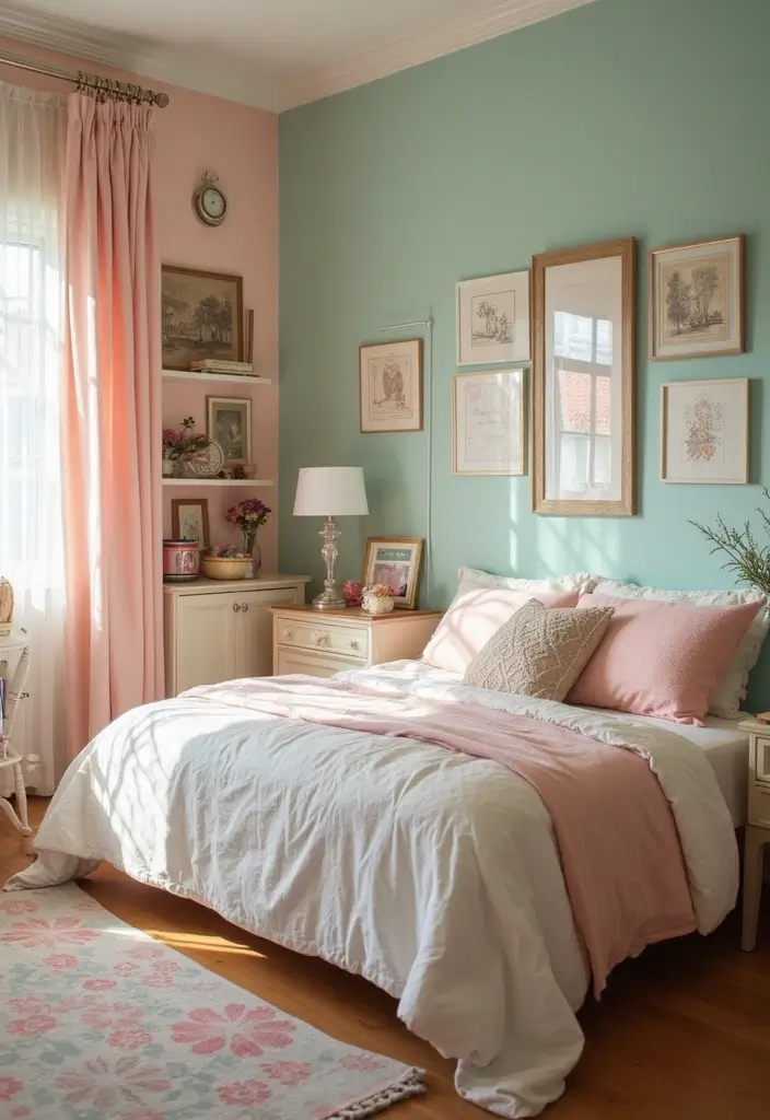 dorm room in pastel earthy and jewel tone palette