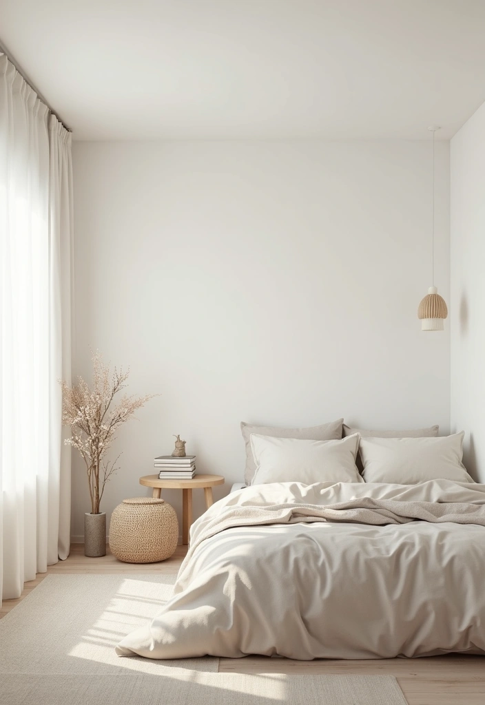 dorm room in soft white, beige, and light gray tones with one sage green pillow