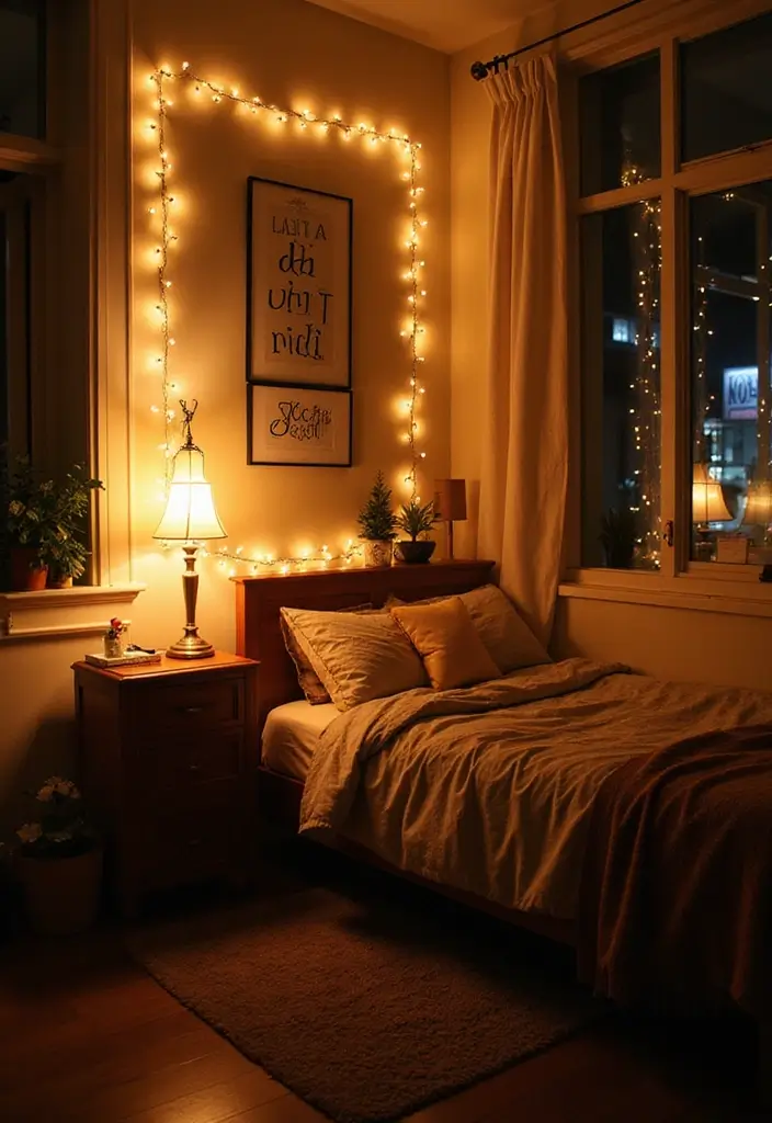 dorm room with retro lamps edison bulb string lights and warm glow