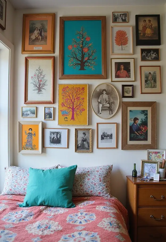 eclectic gallery wall with mixed frames prints and photos