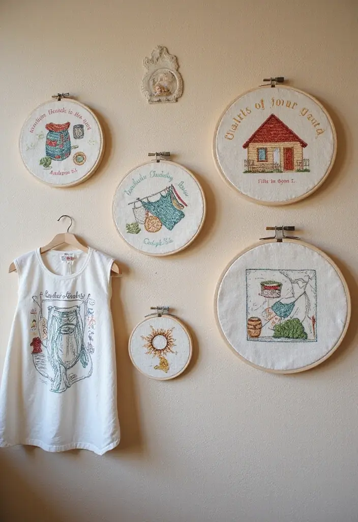 embroidery hoops with stitched laundry sayings