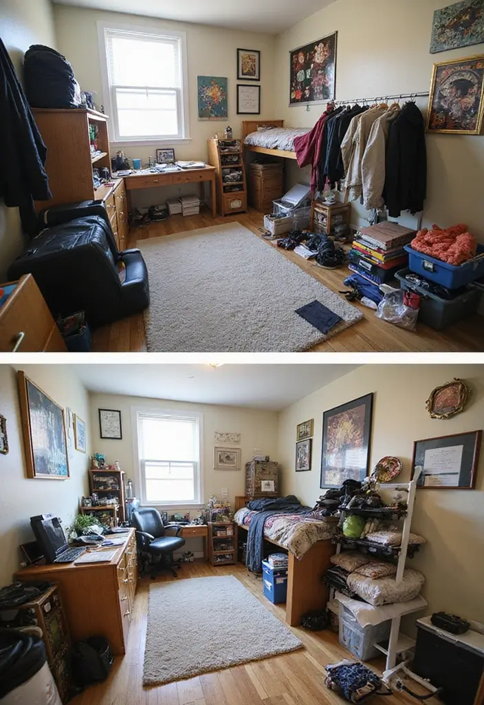 empty dorm room floor with three piles: keep, donate, trash